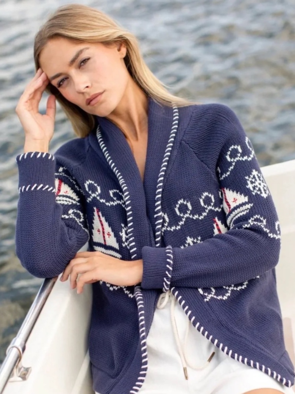 MAREA SHAWL CARDIGAN IN NAUTICAL INTARSIA – NAVY size XS